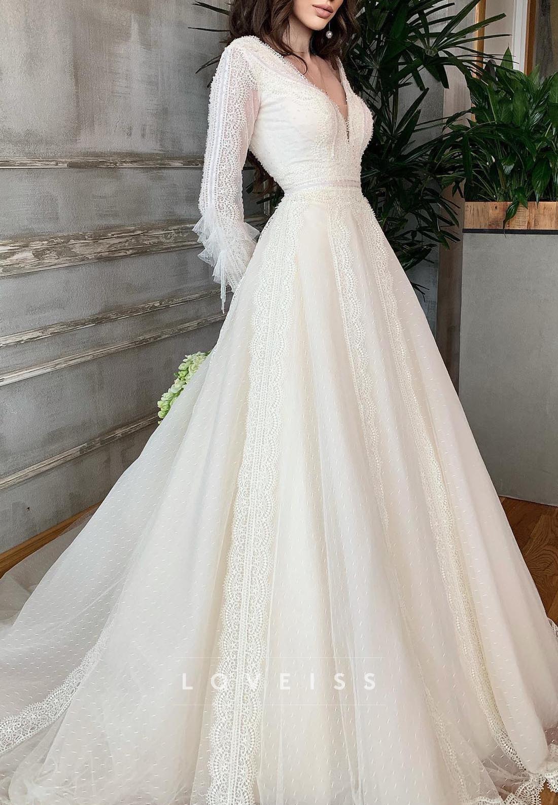 V-Neck Long Sleeves Lace Appliques Ball Gown Wedding Dress