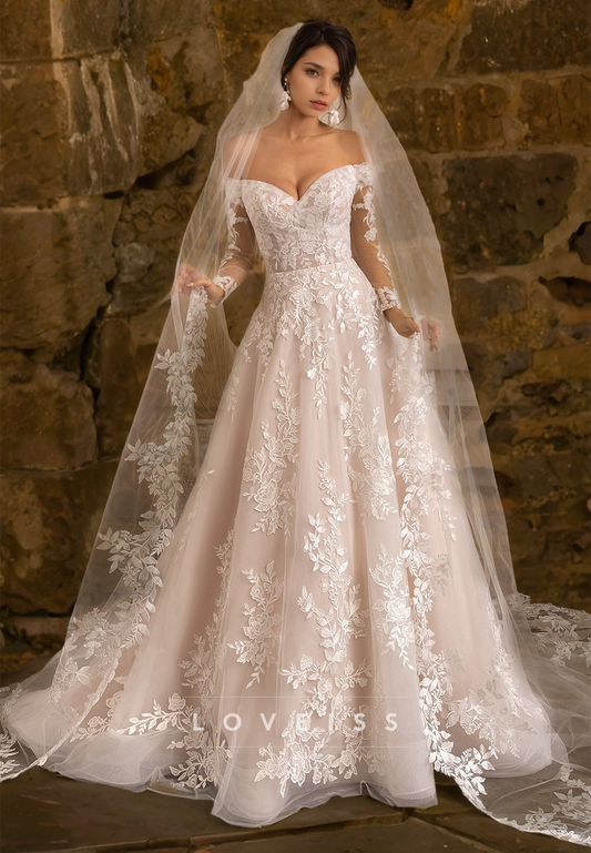 V-Neck Long Sleeves Lace Appliques Ball Gown Wedding Dress