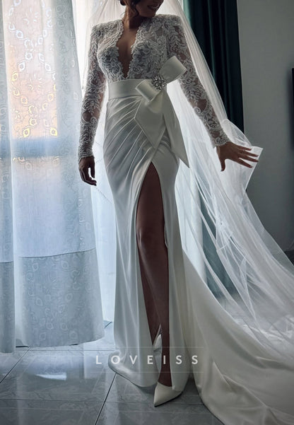 V-Neck Long Sleeves Lace Appliques Bow Sheath Wedding Dress