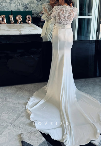 V-Neck Long Sleeves Lace Appliques Bow Sheath Wedding Dress