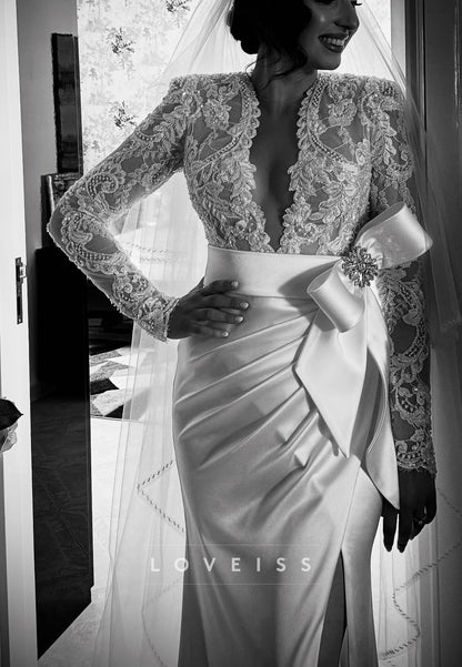 V-Neck Long Sleeves Lace Appliques Bow Sheath Wedding Dress