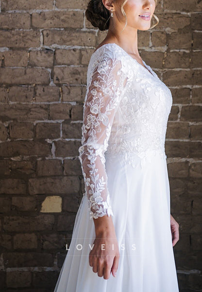 V-Neck Long Sleeves Lace Appliques Chiffon A-Line Wedding Dress