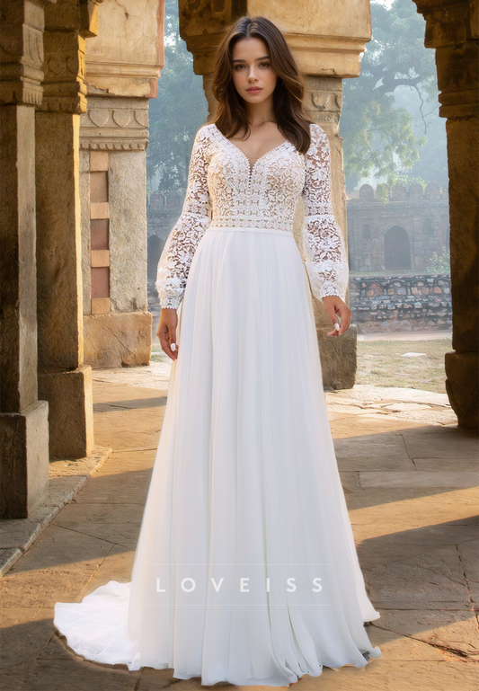 V-Neck Long Sleeves Lace Appliques Chiffon A-Line Wedding Dress