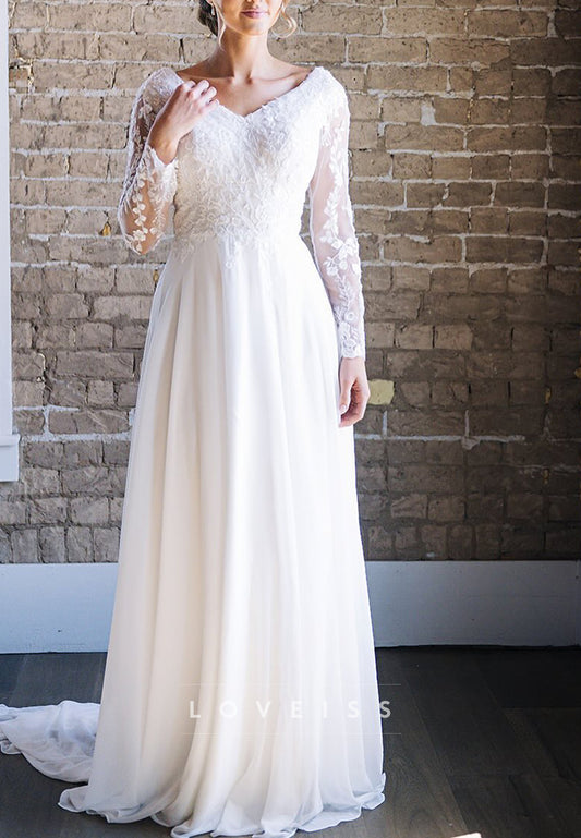 V-Neck Long Sleeves Lace Appliques Chiffon A-Line Wedding Dress