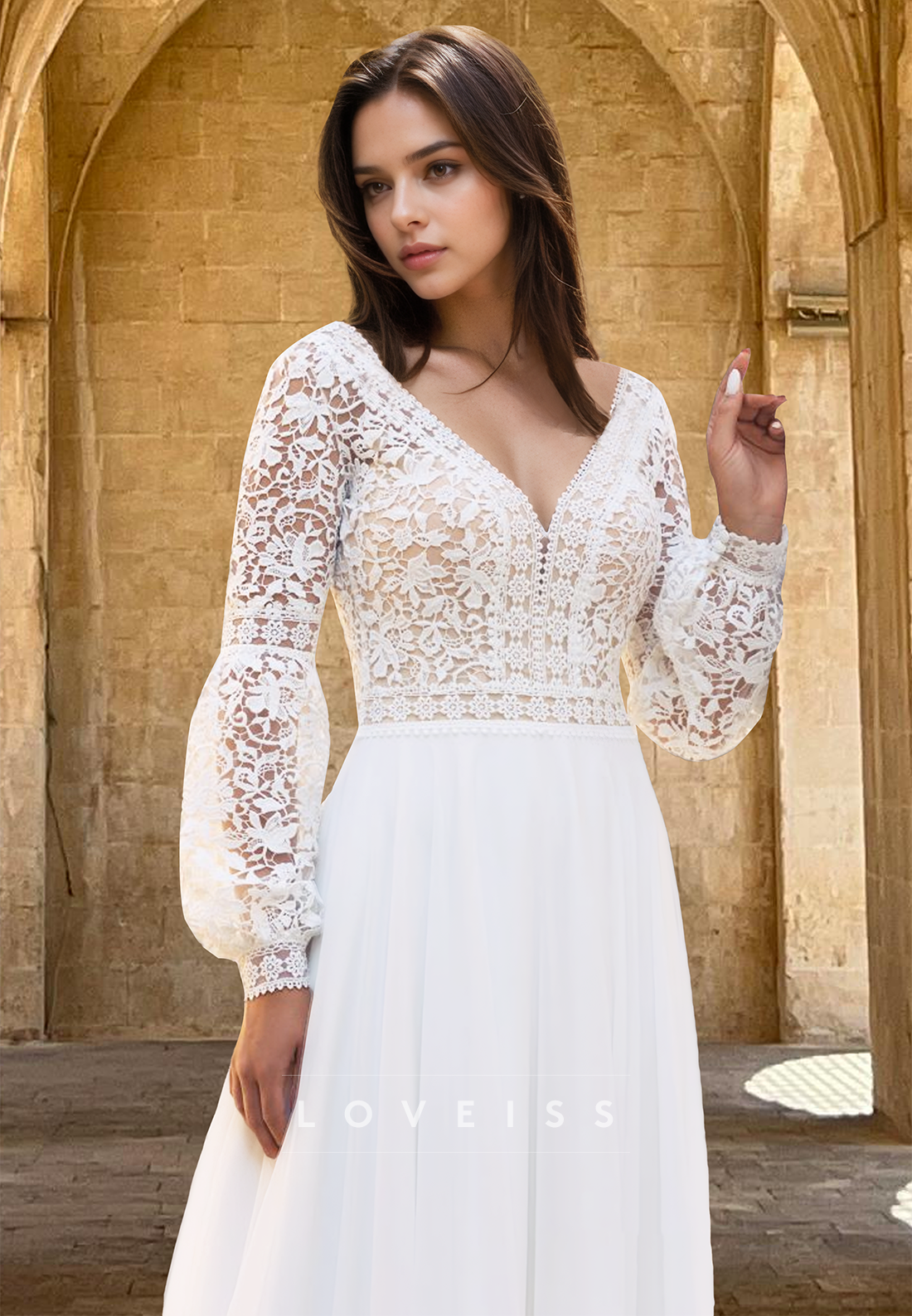 V-Neck Long Sleeves Lace Appliques Chiffon A-Line Wedding Dress