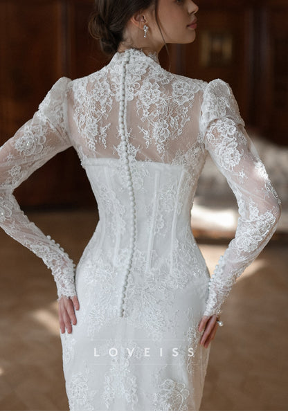 V-Neck Long Sleeves Lace Appliques Detachable Train Wedding Dress