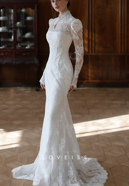 V-Neck Long Sleeves Lace Appliques Detachable Train Wedding Dress