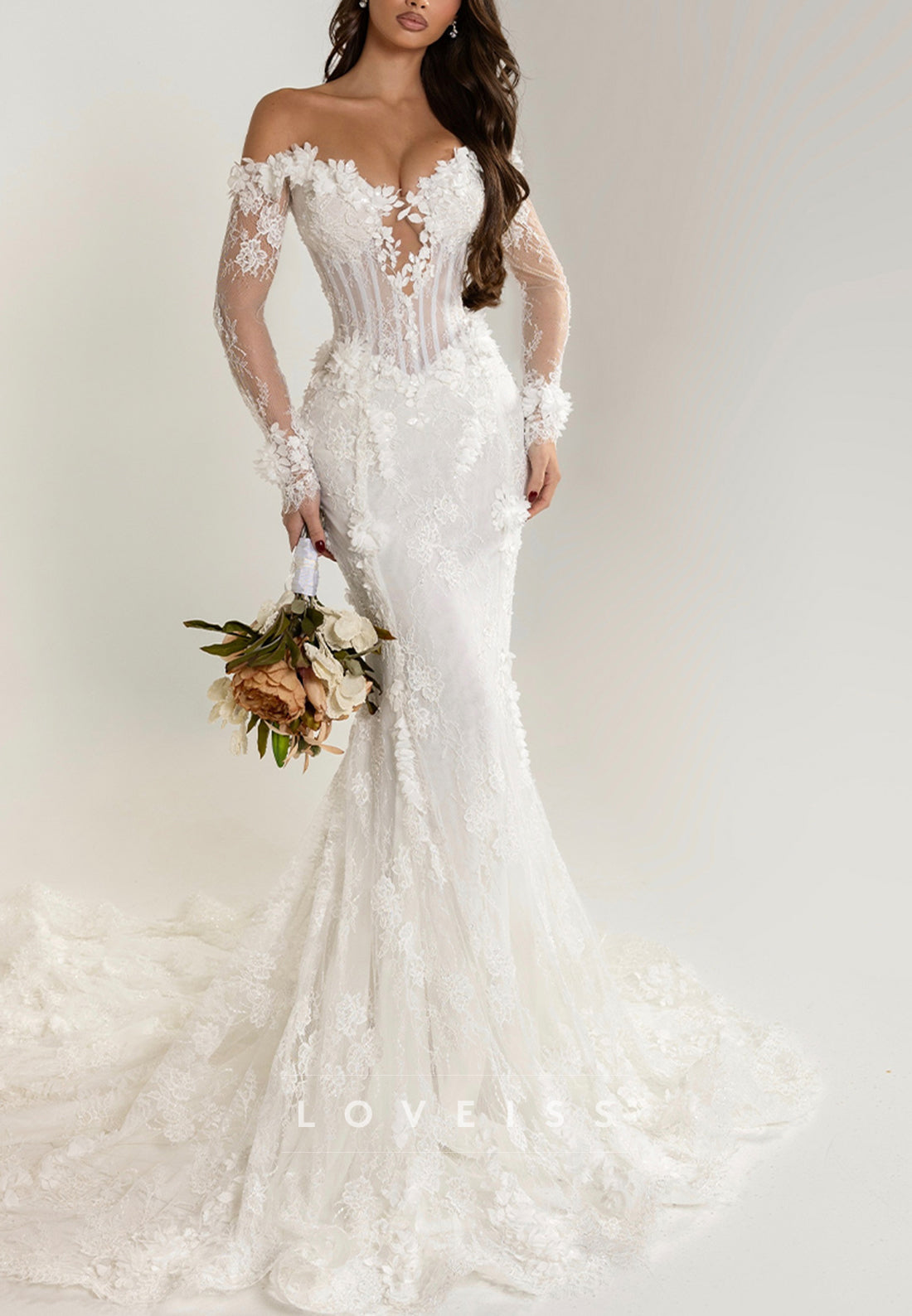 V-Neck Long Sleeves Lace Appliques Floral Mermaid Wedding Dress