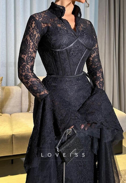 V-Neck Long Sleeves Lace Appliques Mermaid Evening Dress