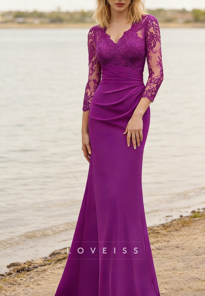 V-Neck Long Sleeves Lace Appliques Mermaid  Mother of Bride Dress