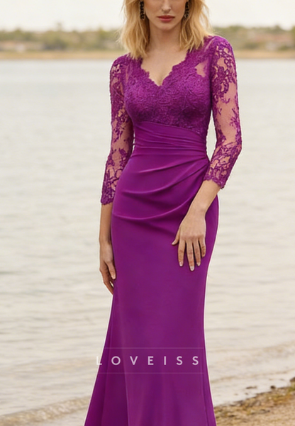 V-Neck Long Sleeves Lace Appliques Mermaid  Mother of Bride Dress