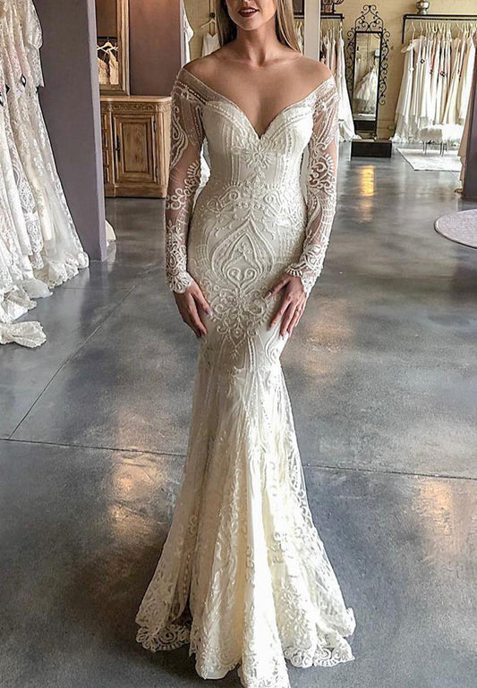 V-Neck Long Sleeves Lace Appliques Mermaid Wedding Dress