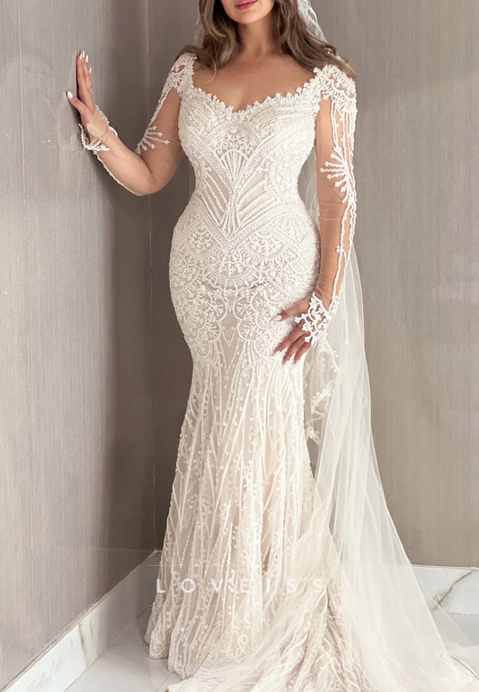 V-Neck Long Sleeves Lace Appliques Mermaid Wedding Dress