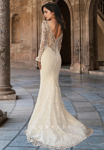 V-Neck Long Sleeves Lace Appliques Mermaid Wedding Dress