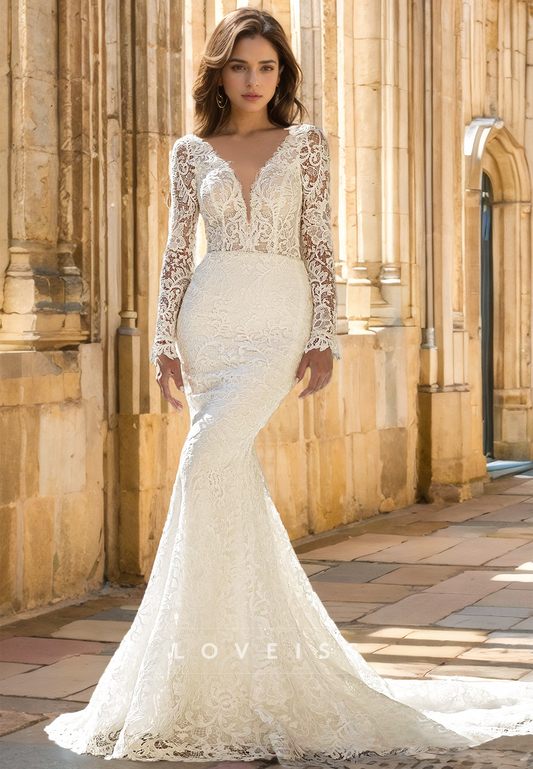 V-Neck Long Sleeves Lace Appliques Mermaid Wedding Dress