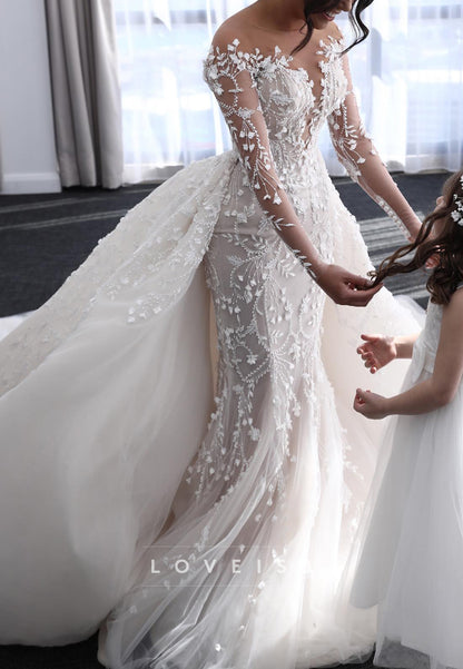 V-Neck Long Sleeves Lace Appliques Mermaid Wedding Dress