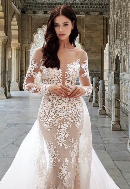 V-Neck Long Sleeves Lace Appliques Mermaid Wedding Dress