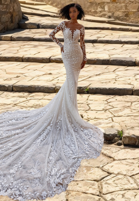 V-Neck Long Sleeves Lace Appliques Mermaid Wedding Dress