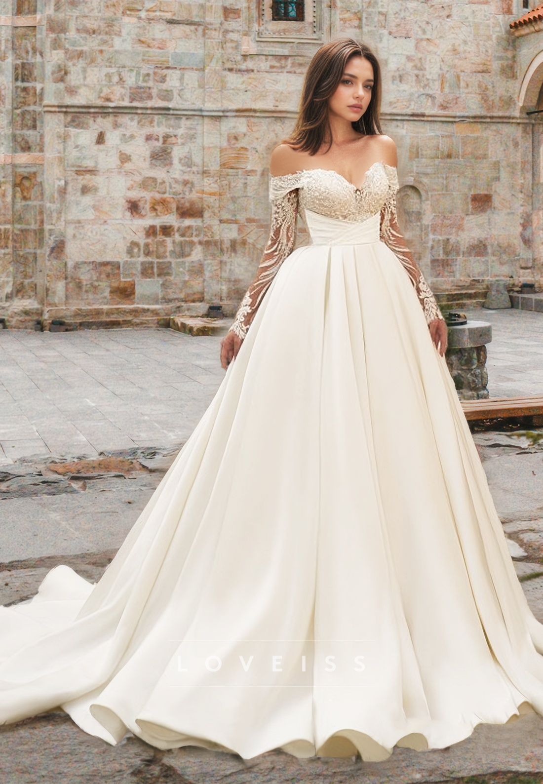 V-Neck Long Sleeves Lace Appliques Pleated A-Line Wedding Dress