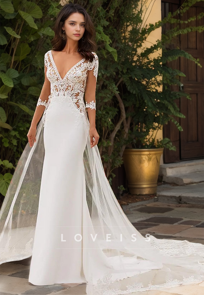 V-Neck Long Sleeves Lace Appliques Sleek Mermaid Wedding Dress