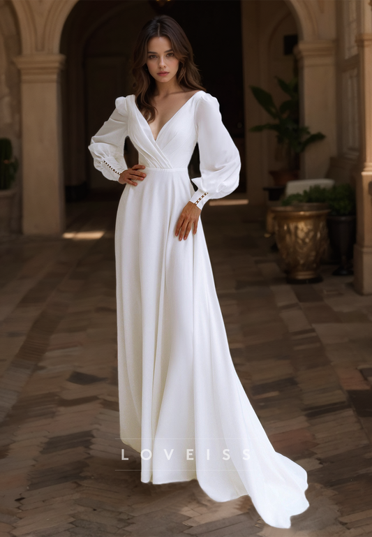 V-Neck Long Sleeves Pleated A-Line Beach Wedding Dress