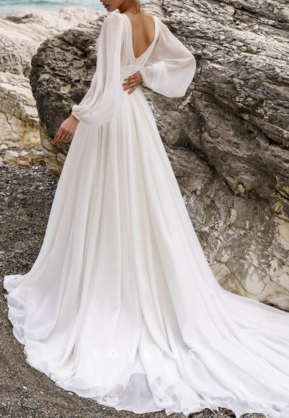 V-Neck Long Sleeves Pleated A-Line Chiffon Beach Wedding Dress