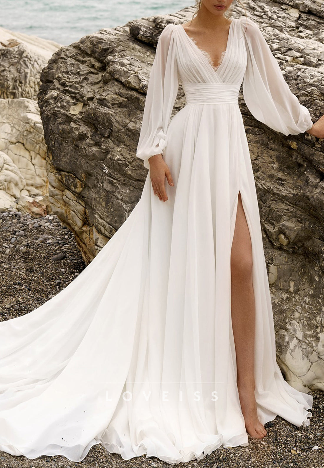 V-Neck Long Sleeves Pleated A-Line Chiffon Beach Wedding Dress