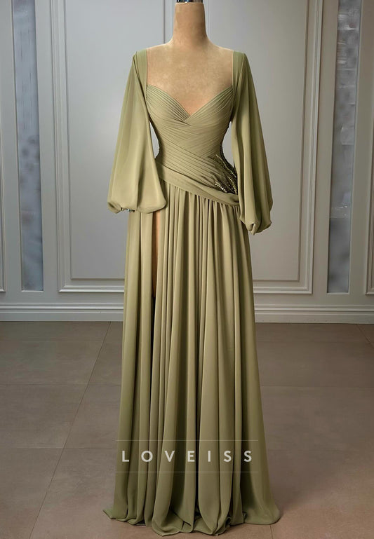 V-Neck Long Sleeves Pleated A-Line Evening Dress