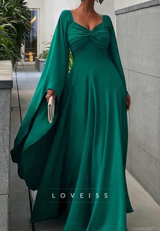 V-Neck Long Sleeves Pleated A-Line Formal Dress