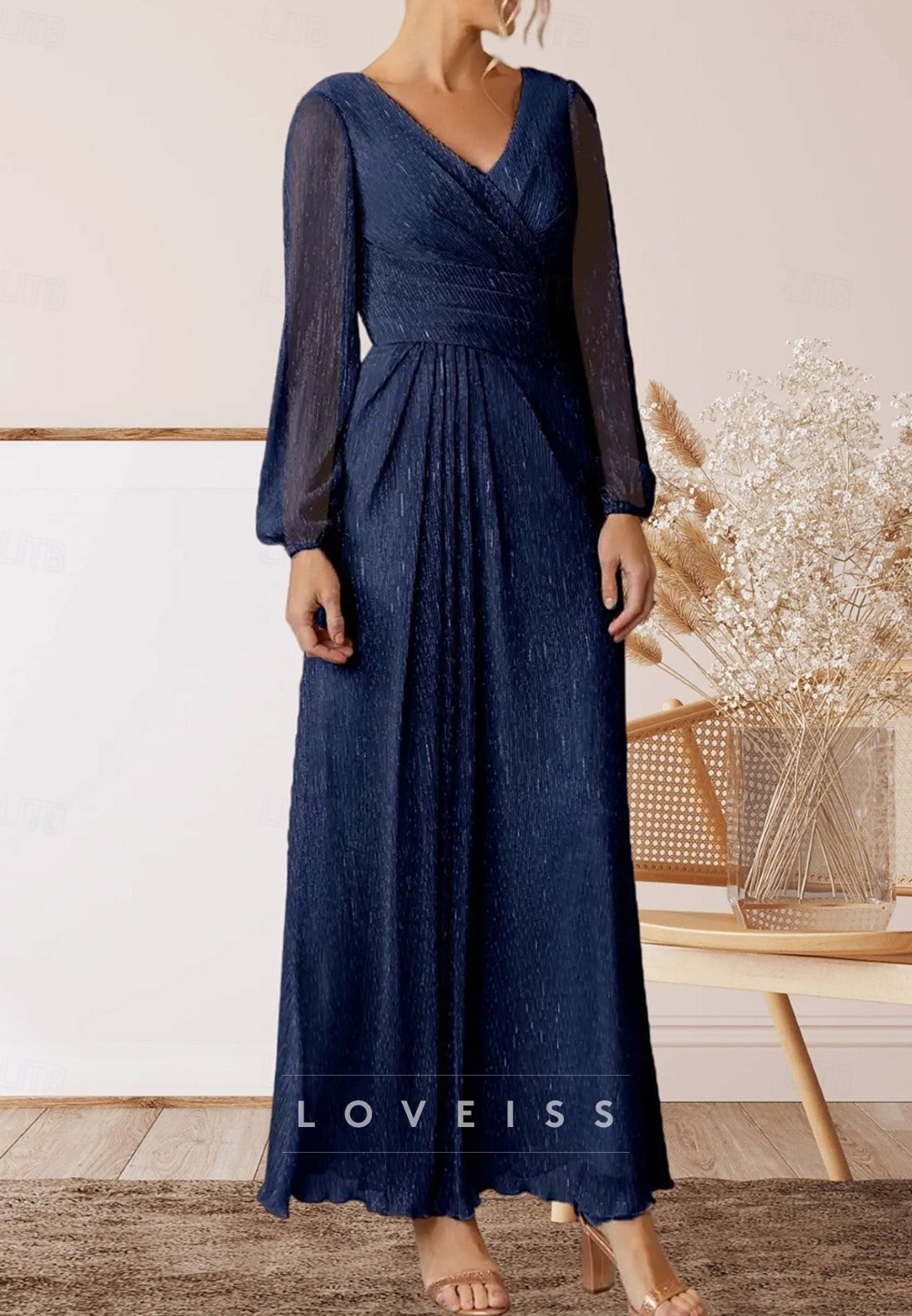 V-Neck Long Sleeves Pleated A-Line Mother of Bride Dress