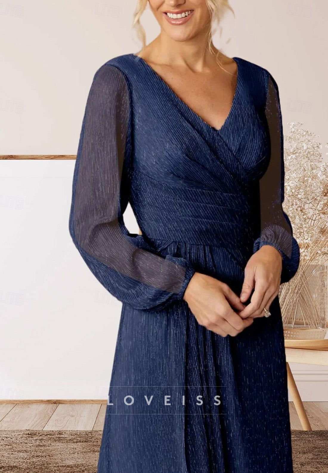V-Neck Long Sleeves Pleated A-Line Mother of Bride Dress