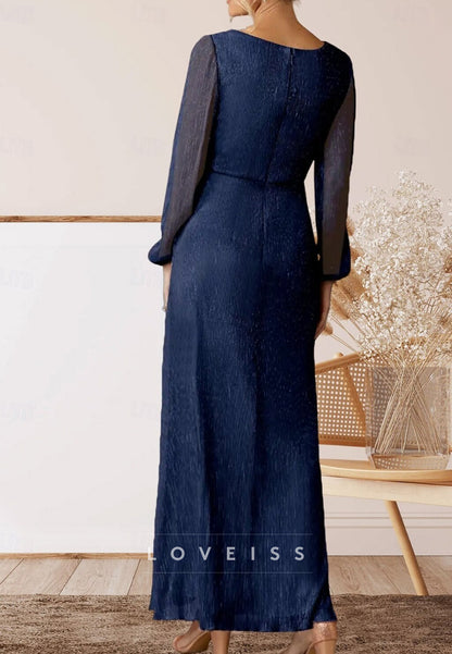 V-Neck Long Sleeves Pleated A-Line Mother of Bride Dress