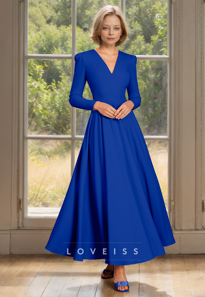 V-Neck Long Sleeves Pleated A-Line Mother of Bride Dress