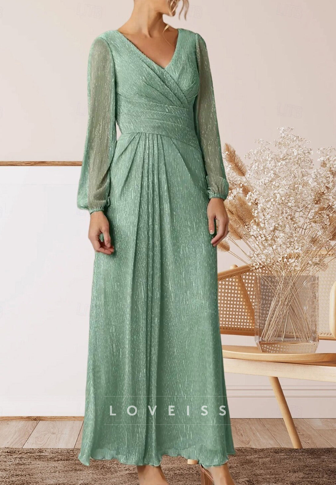 V-Neck Long Sleeves Pleated A-Line Mother of Bride Dress
