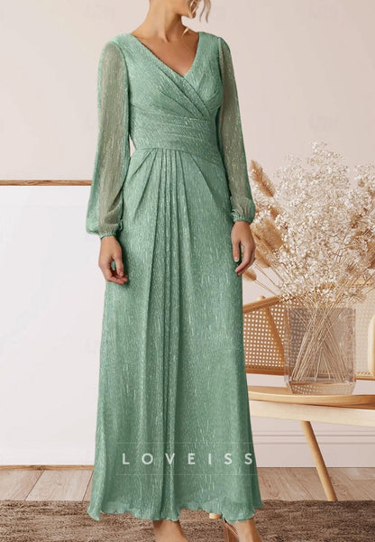 V-Neck Long Sleeves Pleated A-Line Mother of Bride Dress