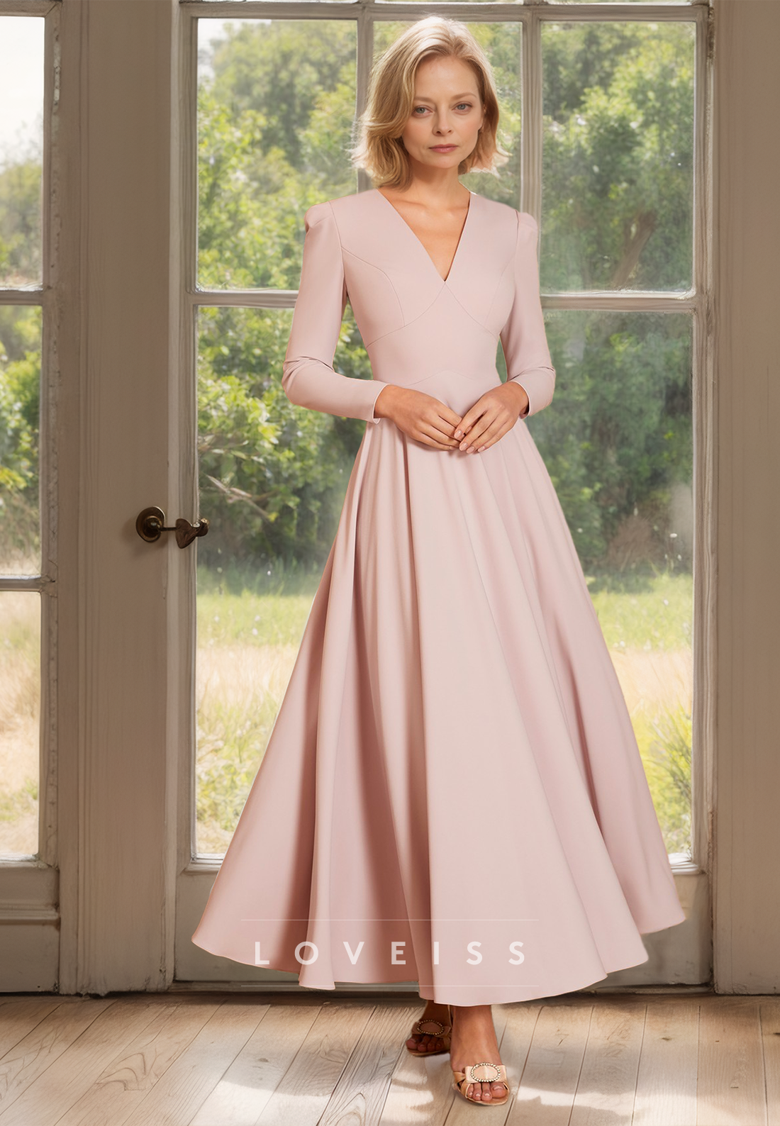 V-Neck Long Sleeves Pleated A-Line Mother of Bride Dress