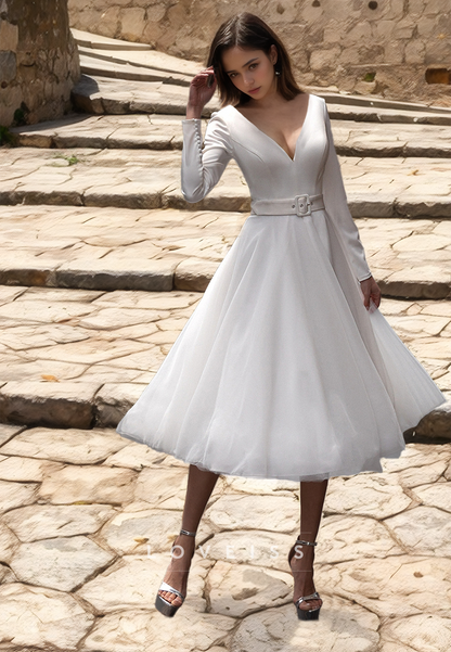 V-Neck Long Sleeves Pleated A-Line Simple Wedding Dress