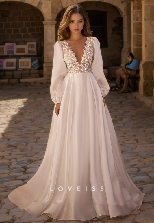 V-Neck Long Sleeves Pleated A-Line Simple Wedding Dress