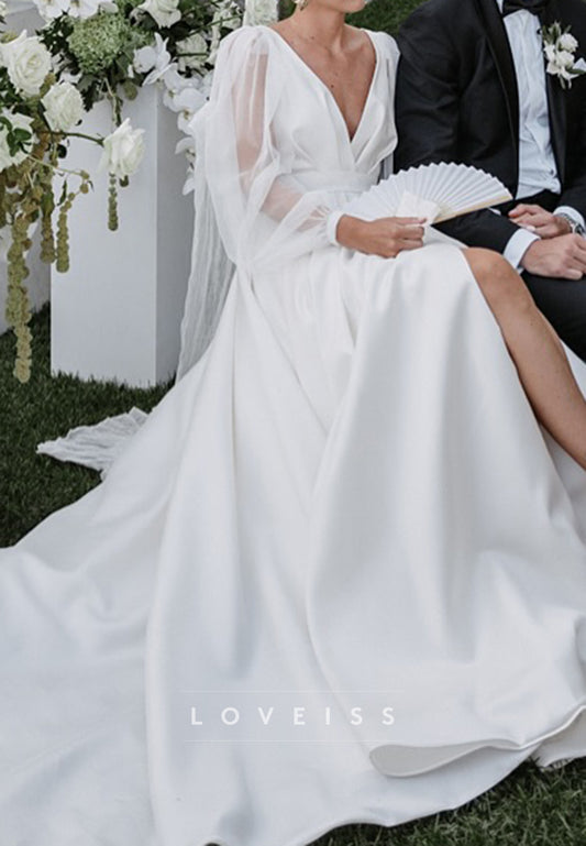 V-Neck Long Sleeves Pleated A-Line Vintage Wedding Dress