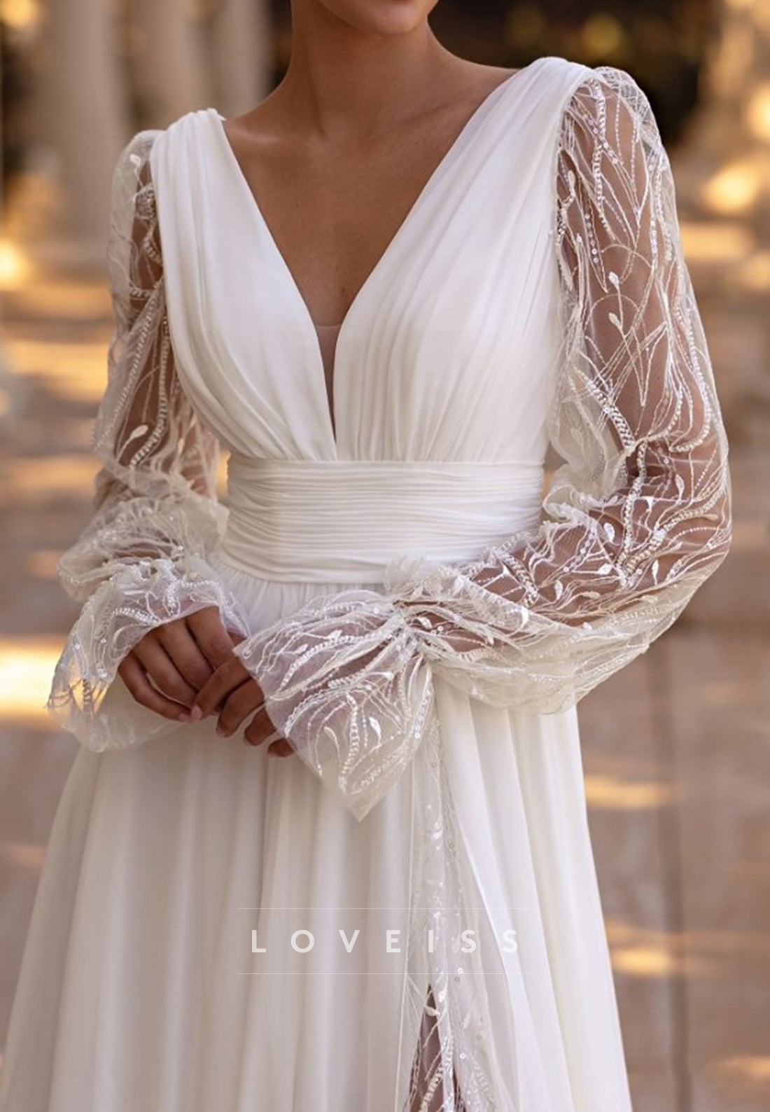 V-Neck Long Sleeves Pleated A-Line Wedding Dress