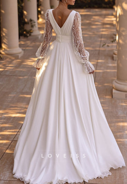 V-Neck Long Sleeves Pleated A-Line Wedding Dress