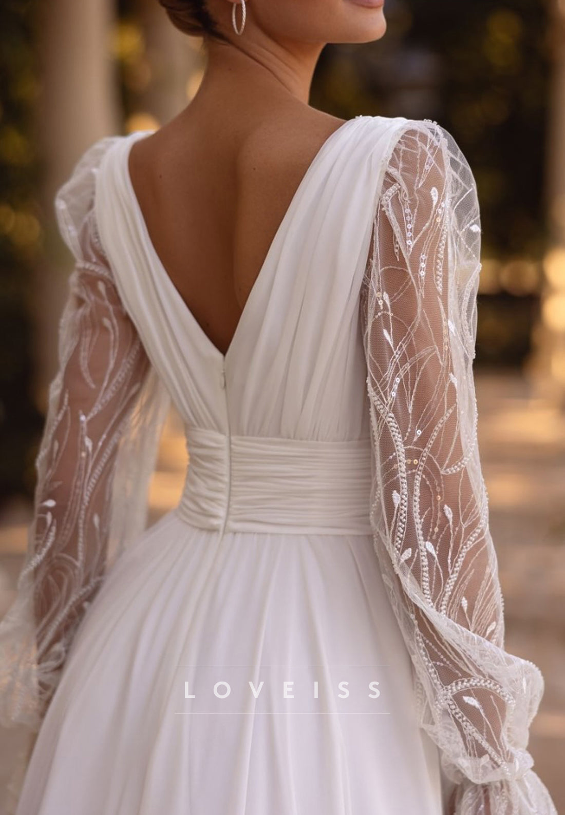 V-Neck Long Sleeves Pleated A-Line Wedding Dress