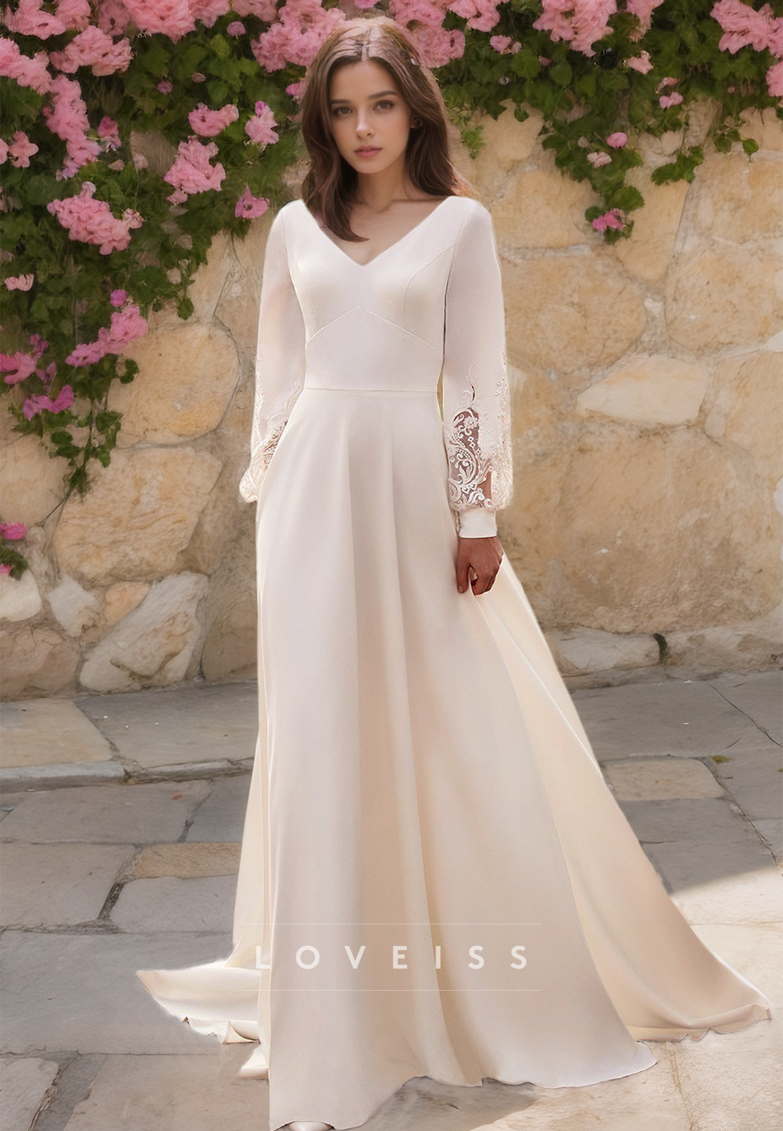 V-Neck Long Sleeves Pleated Appliques A-Line Wedding Dress