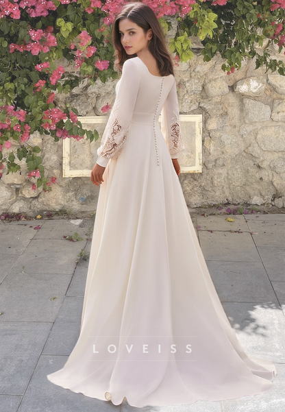 V-Neck Long Sleeves Pleated Appliques A-Line Wedding Dress