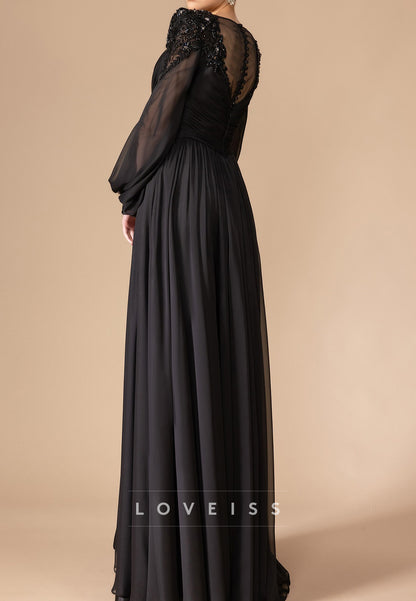 V-Neck Long Sleeves Pleated Beaded A-Line Evening Dress