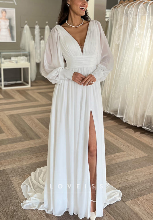 V-Neck Long Sleeves Pleated Chiffon A-Line Beach Wedding Dress