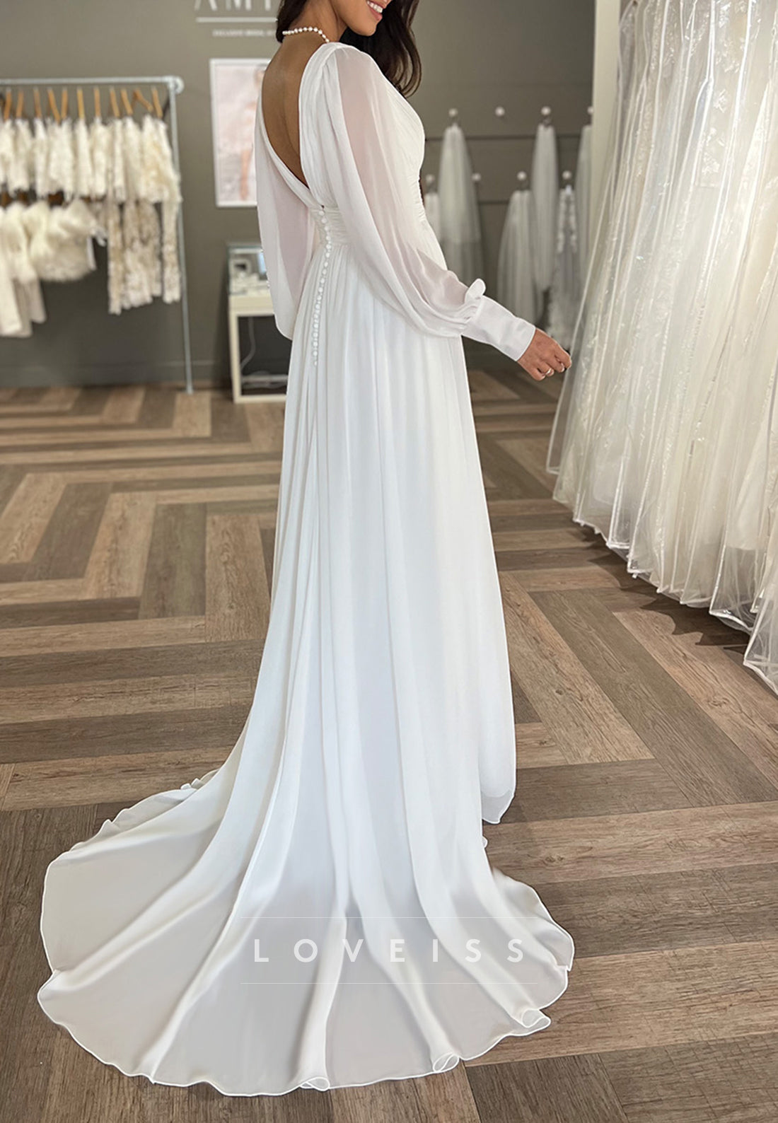 V-Neck Long Sleeves Pleated Chiffon A-Line Beach Wedding Dress