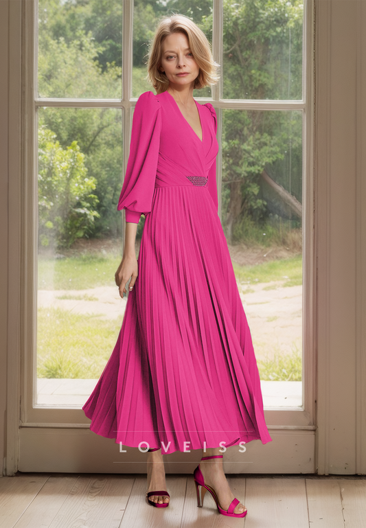 V-Neck Long Sleeves Pleated Chiffon A-Line Mother of Bride Dress