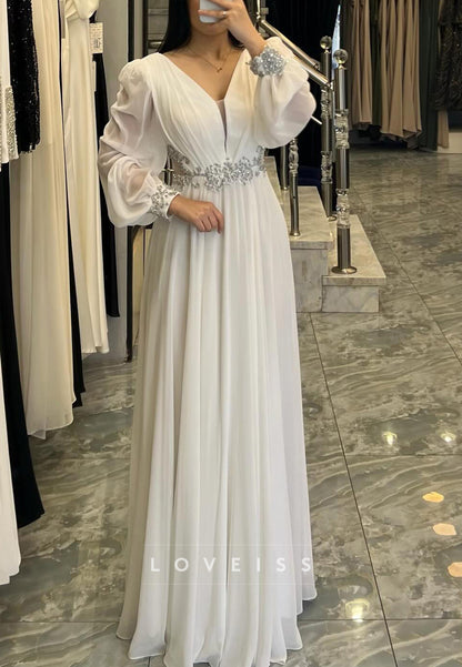 V-Neck Long Sleeves Pleated Chiffon Beaded A-Line Formal Dress
