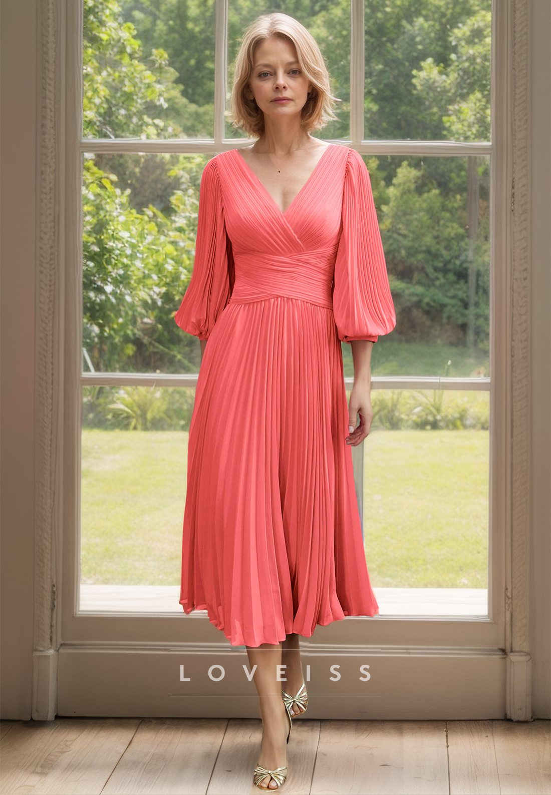 V-Neck Long Sleeves Pleated Chiffon Pleated A-Line Mother of Bride Dress